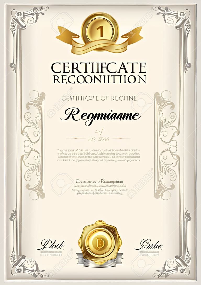 Certificate of Recognition Vintage Frame with Gold Ribbon. Portrait.