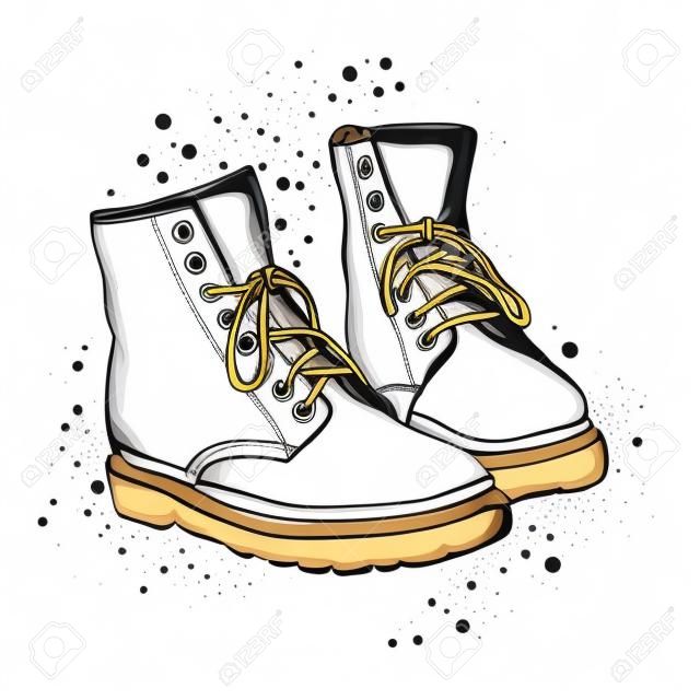 The image of the lace-up shoes on white background. Let's go. Hand drawn vector illustration.