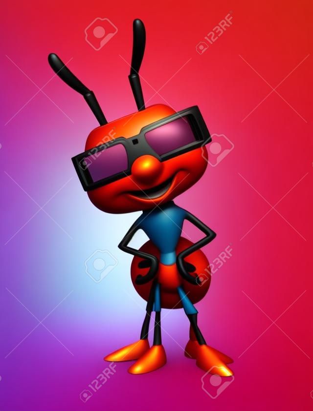 3d rindió la ilustración de personaje de dibujos animados hormiga con gafas 3D