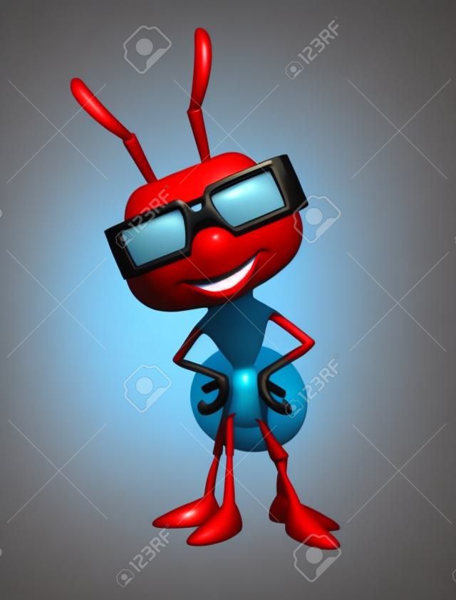3d rindió la ilustración de personaje de dibujos animados hormiga con gafas 3D