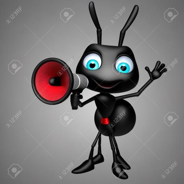 3d illustration rendu du personnage de dessin animé Ant avec haut-parleur