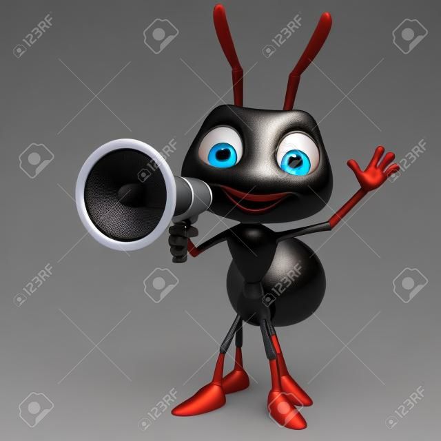 3d 렌더링 된 그림 개미 만화 캐릭터와 확성기