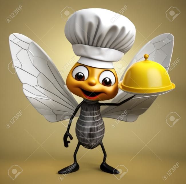 3d rendered illustration of Bee cartoon character with chef hat and cloche
