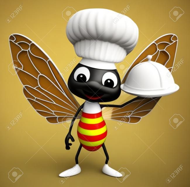 3d rendered illustration of Bee cartoon character with chef hat and cloche