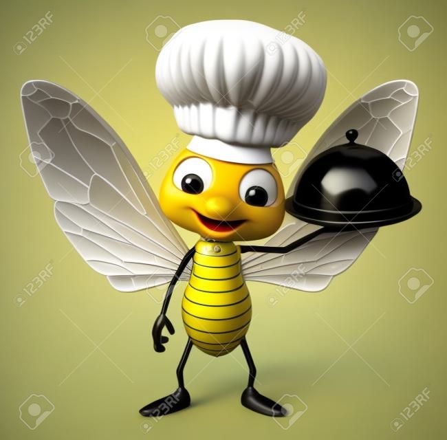 3d rindió la ilustración de personaje de dibujos animados de la abeja con el sombrero de chef y cloche