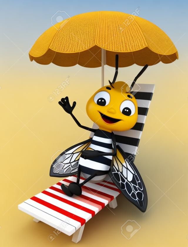 3d rendered ilustração de personagem de desenho animado de abelha com cadeira de praia