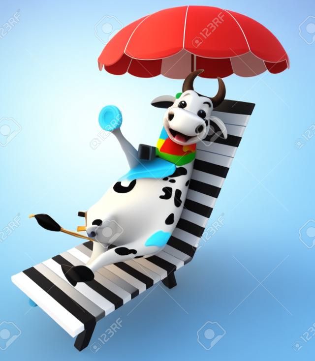 3d rendered illustration of Cow cartoon character with beach chair
