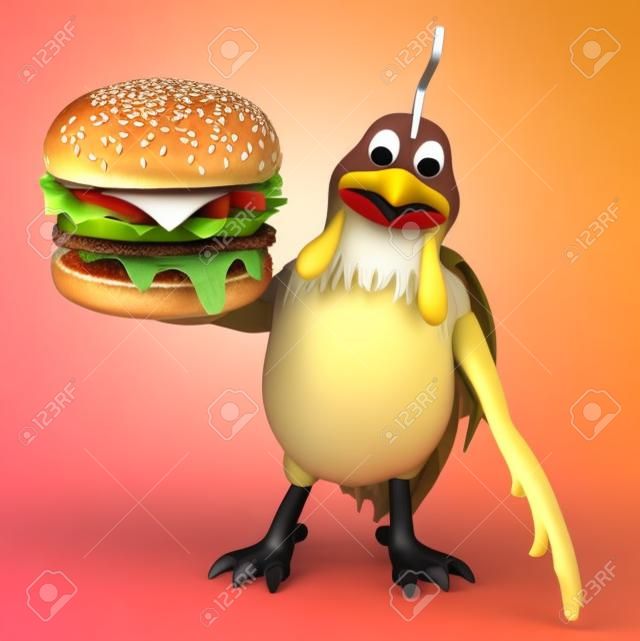 3d rendered illustration of Chicken cartoon character with burger