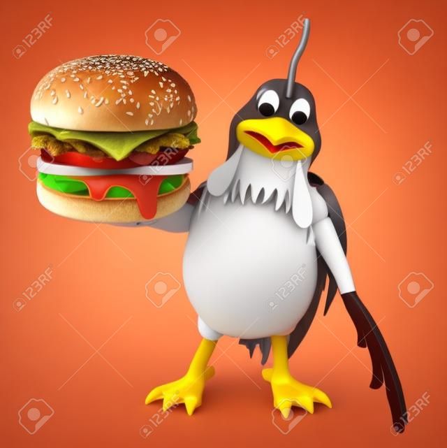 3d rendered illustration of Chicken cartoon character with burger