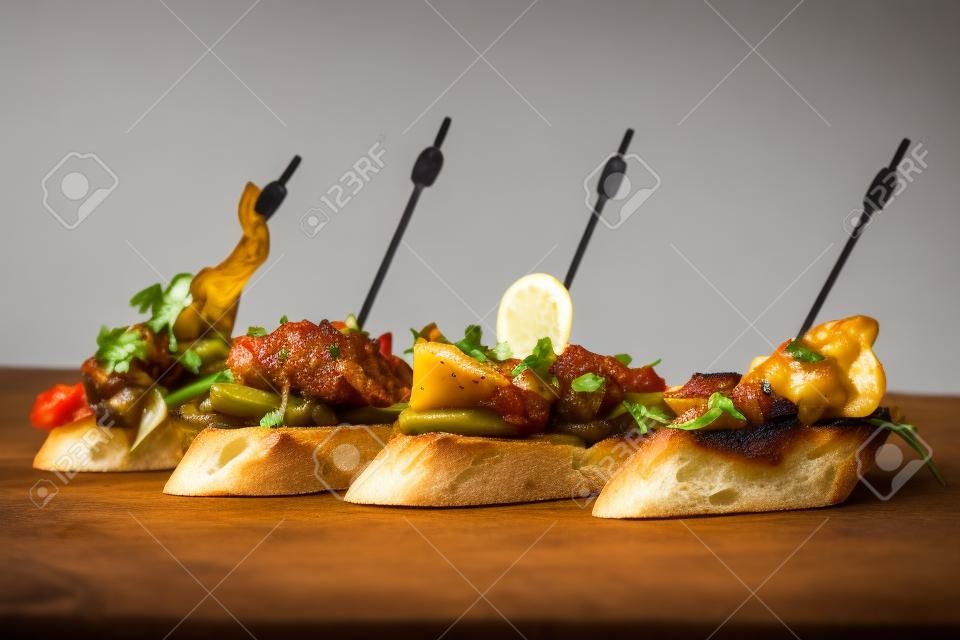 얇게 썬 바게트에 봉사 스페인어 타파스의 선택 - 피 각질의 빵에 타파스.