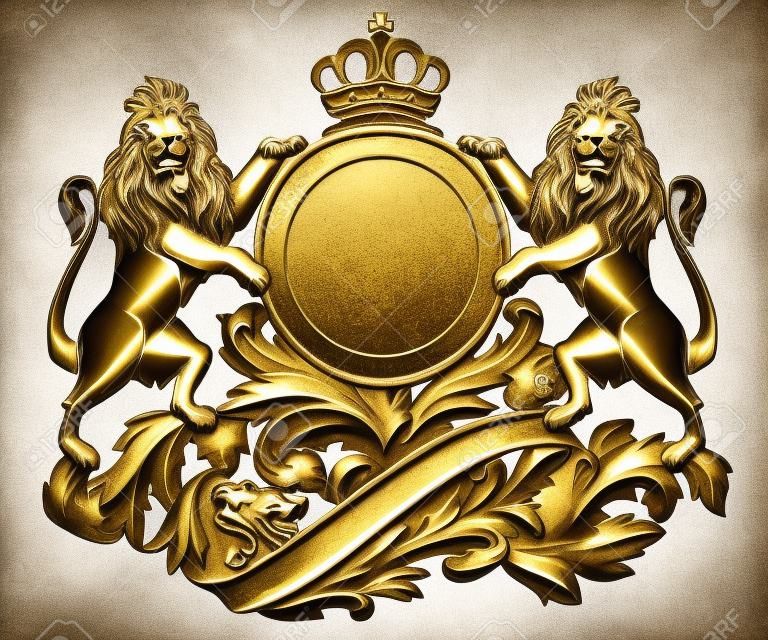 Золото патина старый герб со львами на белом фоне, изолированные