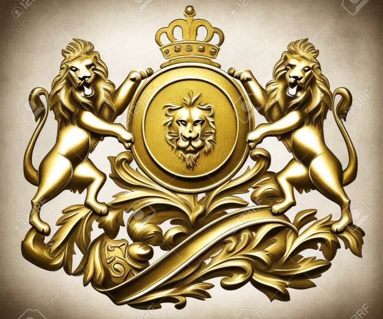 pátina de oro viejo escudo de armas con leones en un fondo blanco aislado