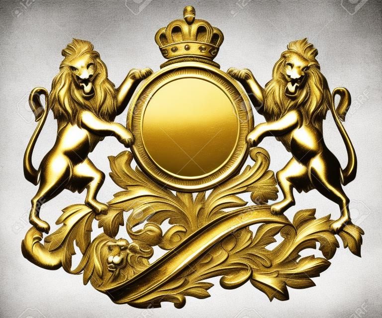 Gold-Patina alte Wappen mit Löwen auf einem weißen Hintergrund