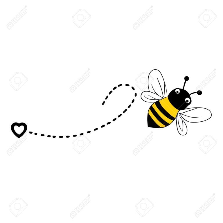 귀여운 꿀벌 비행 아이콘입니다. 흰색 배경에 분리된 시작점과 대시선 추적이 있는 심장 점선 경로입니다.