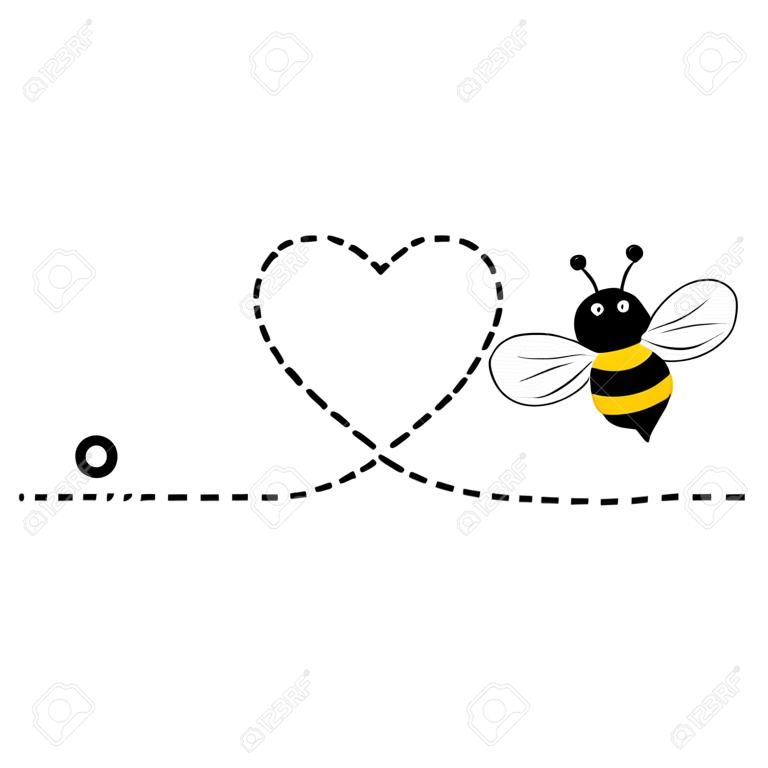 귀여운 꿀벌 비행 아이콘입니다. 흰색 배경에 분리된 시작점과 대시선 추적이 있는 심장 점선 경로입니다.