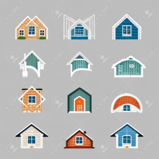 Set of line houses. Home symbol collection. Buildings group. Real estate pictograms. Property sign. Vector isolated on white.