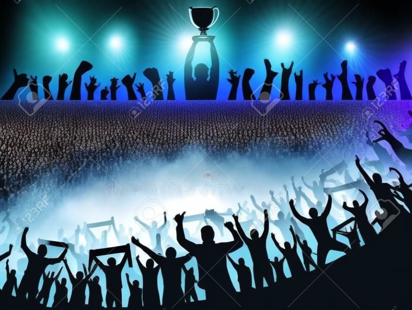 Coppa dei campioni del mondo europeo e folla molte persone intrattengono l'evento giocando e ballando felicemente dalla festa nell'arena Illustrazione vettoriale