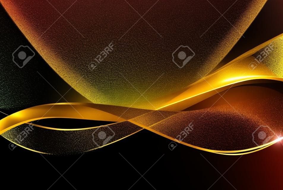 Abstract shiny wavy golden wave design element with golden glitter particles on black background.