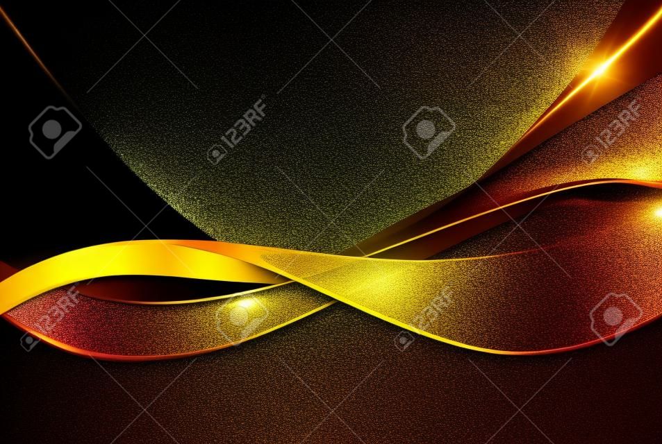 Abstract shiny wavy golden wave design element with golden glitter particles on black background.