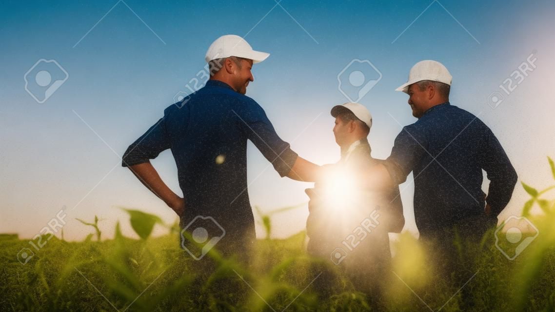 Un gruppo di contadini nel campo, si stringono la mano. Agricoltura familiare