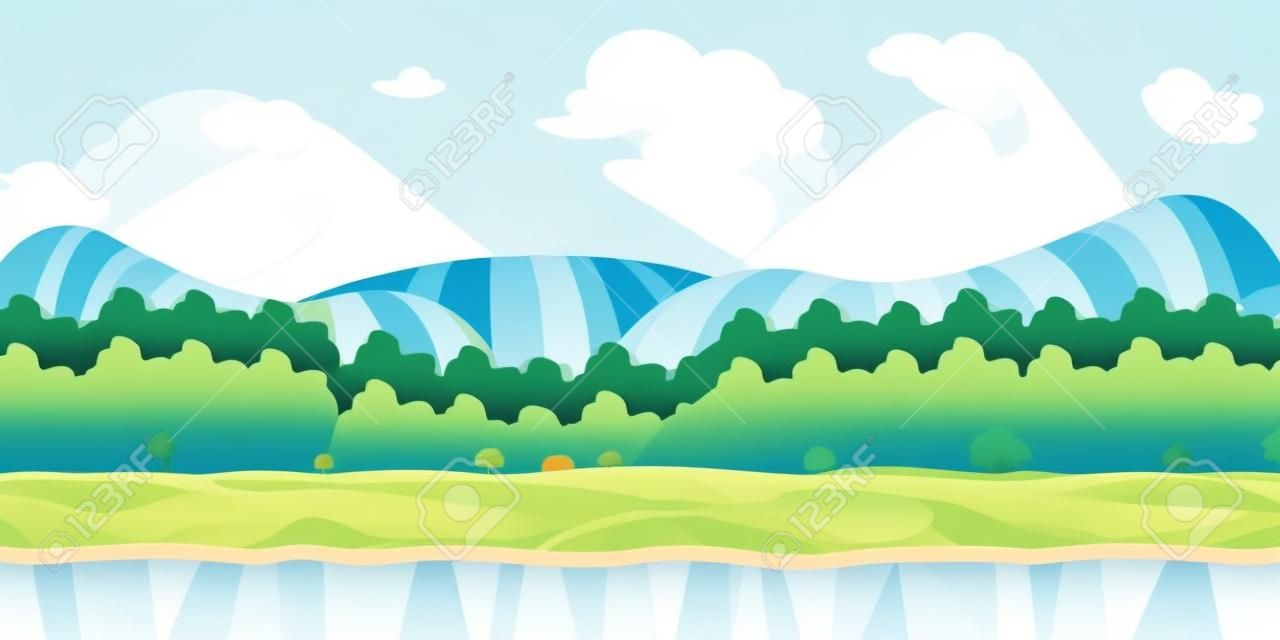 Cute cartoon seamless landscape with separated layers, summer day illustration