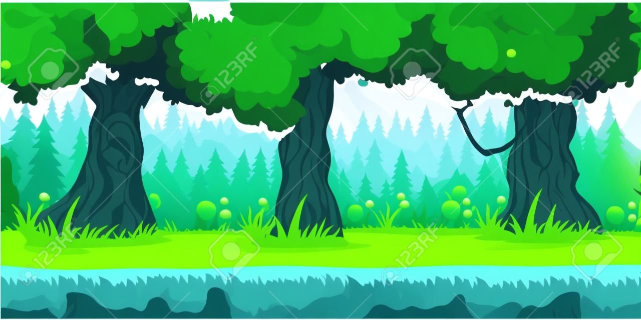 forest game background 2d game application. Vector design. Tileable horizontally. Size 1024x512. Ready for parallax effect