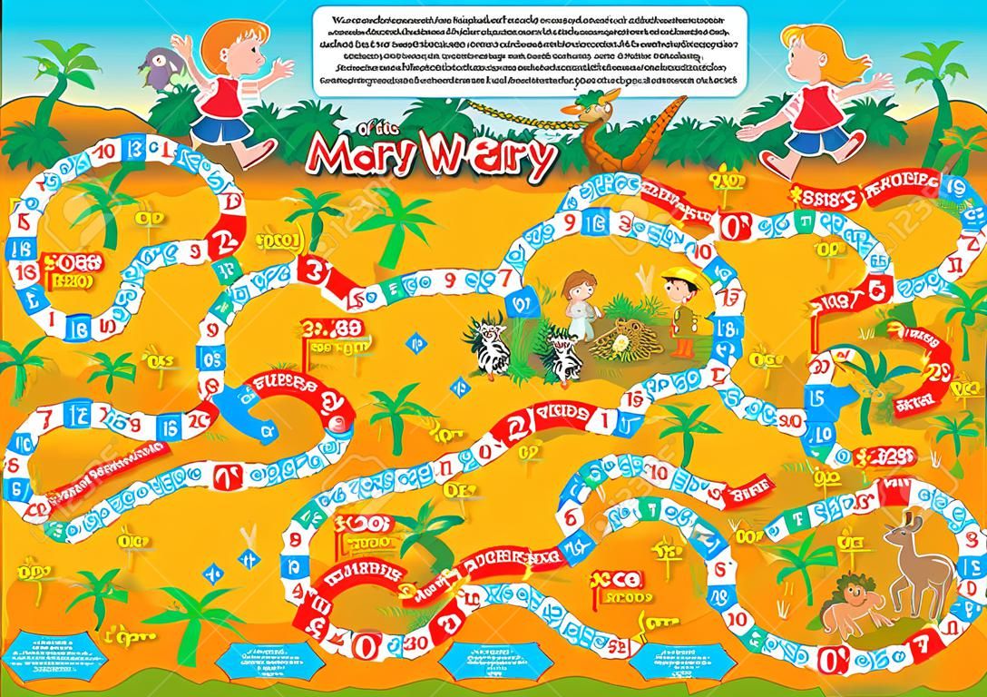Illustrazione vettoriale di gioco da tavolo per i bambini. Le avventure di Mary. Viaggio nella giungla insieme a Maria e fare nuove amicizie.