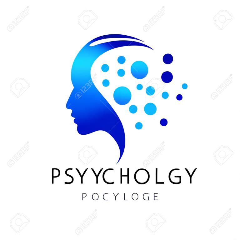 Psikolojinin modern baş logosu. İnsan profili. Yaratıcı tarz. Vektörel logotip. Tasarım kavramı. Marka şirketi. Mavi renk, beyaz, arka plân. Web, baskı, kart simgesi. anahtar deliği