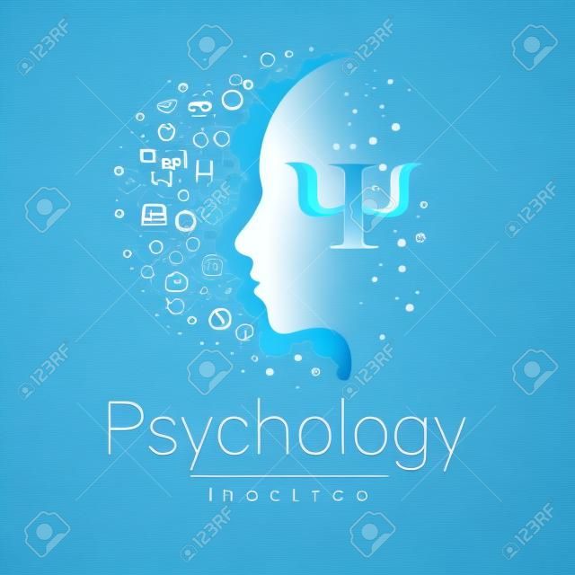 心理学の現代ヘッドのロゴ。人間をプロファイルします。創造的なスタイルです。ベクトルのロゴ。デザイン コンセプト。ブランド企業。青の色は、白い背景で隔離。Web、印刷の記号