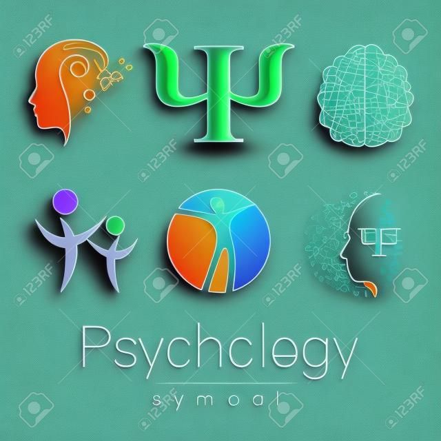 Modern head sign Set of Psychology. Profile Human. Creative style. Symbol in vector. Design concept. Brand company. Green blue orange violet color isolated on white background. Icon for web