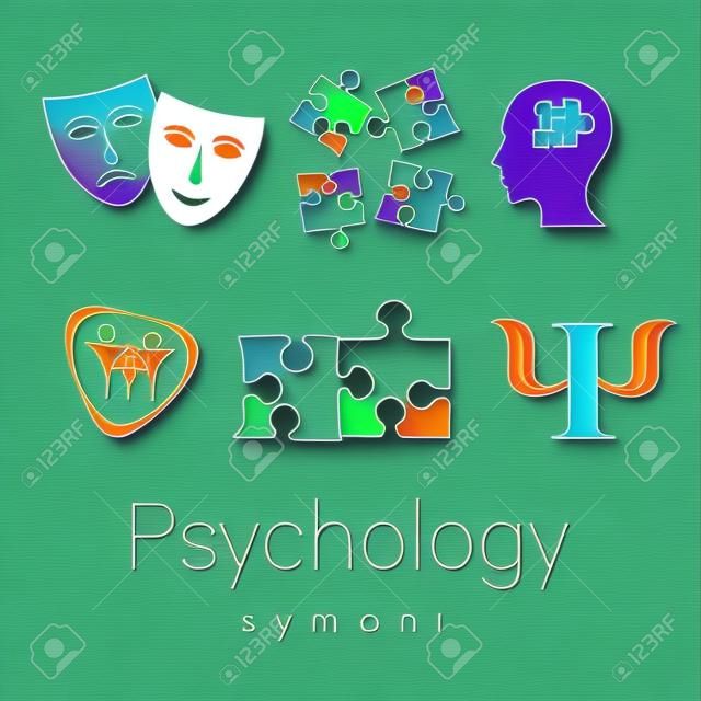 Modern head sign Set of Psychology. Profile Human. Creative style. Symbol in vector. Design concept. Brand company. Green blue orange violet color isolated on white background. Icon for web