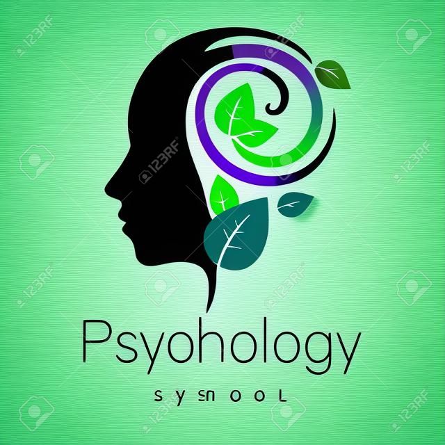 Modern head Logo sign of Psychology. Profile Human. Green Leaves. Creative style. Symbol in vector. Design concept. Brand company. Violet color isolated on white background. Icon for web, logotype.
