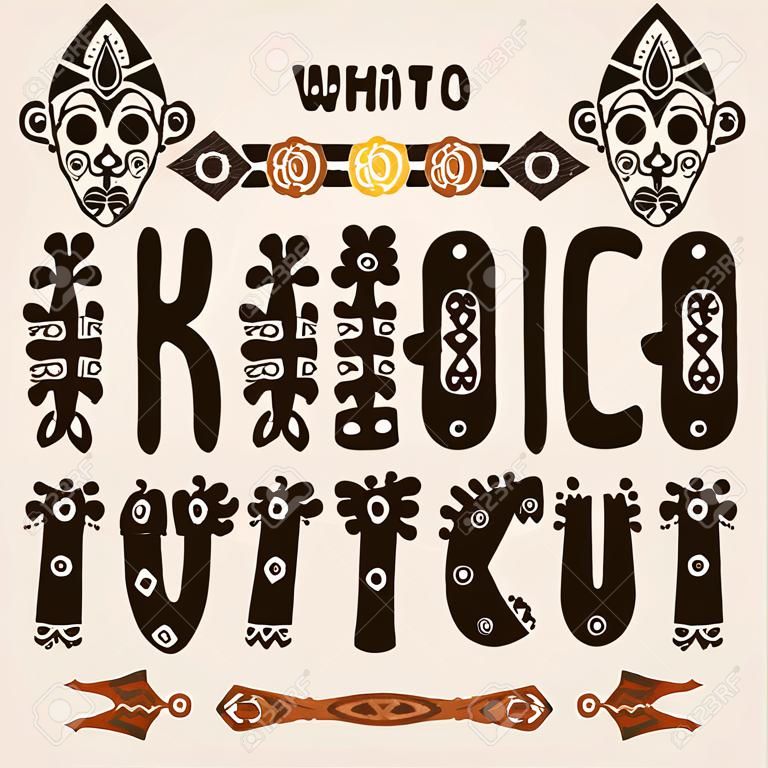 Hand drawn pattern with Tribal font typeface and mask ethnic . Capital Letters for your design, wallaper, textile, print. African culture. Fabric afro ornament. Coloful batik art. Type script.