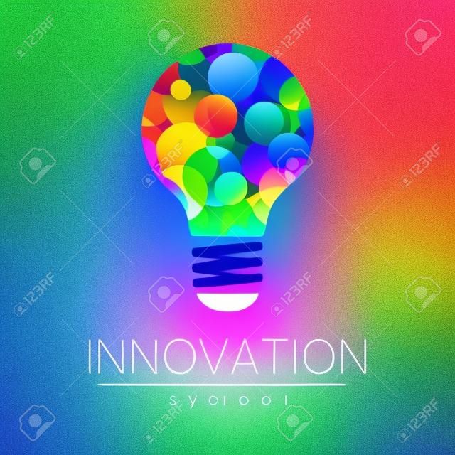 Logo sign of innovation in science. Lamp symbol for concept, business, technology, creative idea, web. Rainbow color isolated on white background. Logotype in vector. Futuristic design style.