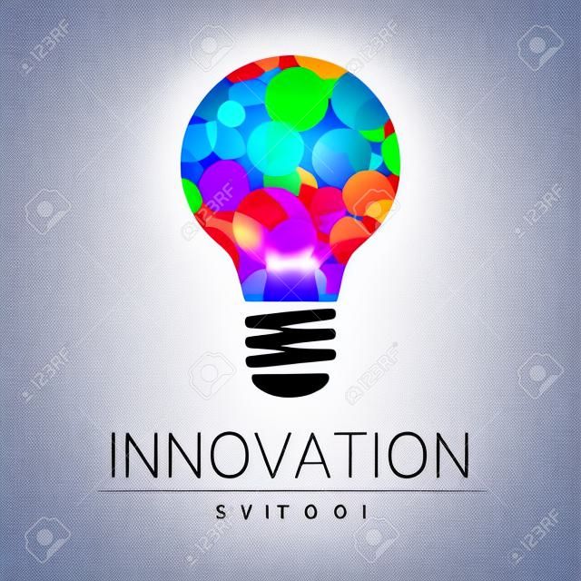 Logo sign of innovation in science. Lamp symbol for concept, business, technology, creative idea, web. Rainbow color isolated on white background. Logotype in vector. Futuristic design style.