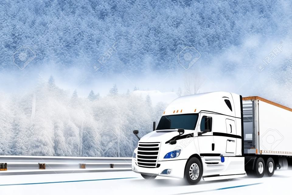 Big rig white technological improved long haul semi truck with refrigerated semi trailer for transportation of perishable and frozen food going on the winter road with snowy frost trees on the hill