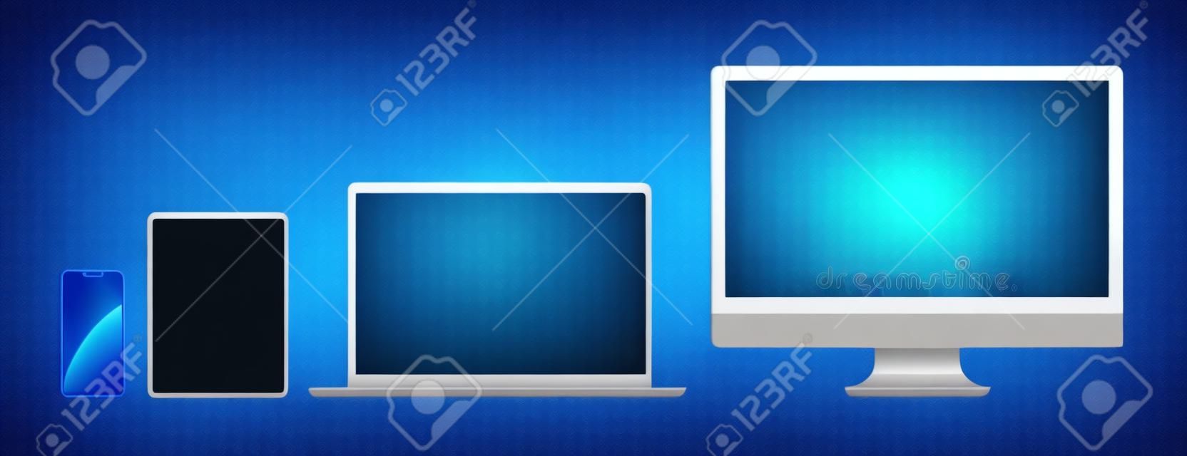 Conjunto realista de monitor, laptop, tablet, smartphone em fundo transparente. Conjunto de mockup de dispositivo. Ilustração vetorial