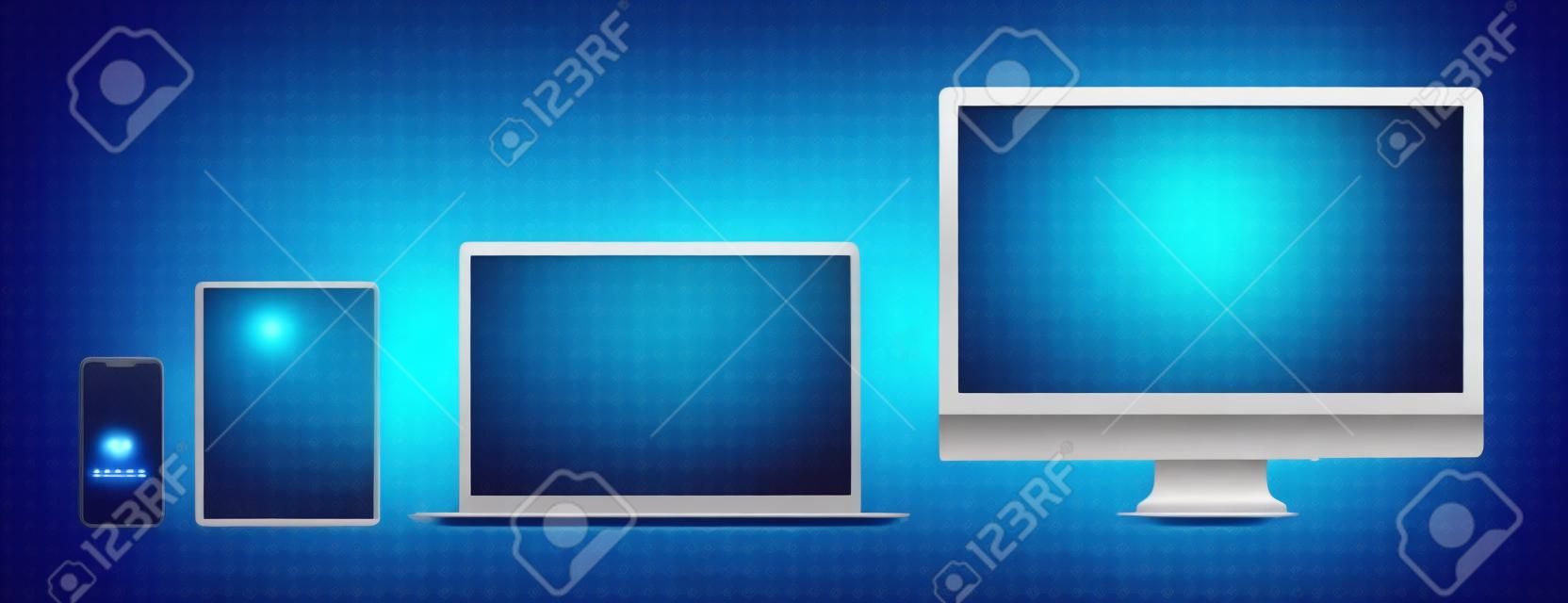 Realistische set van Monitor, laptop, tablet, smartphone op transparante achtergrond. Mockup set van apparaat. Vector illustratie