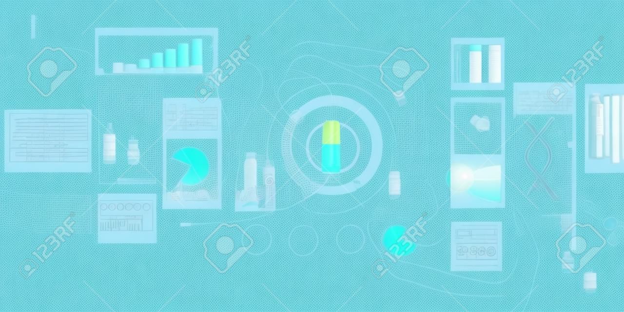 青い背景の薬のカプセル、図、チャート、インフォグラフィック。 3Dイラスト。薬剤学の研究開発の概念。