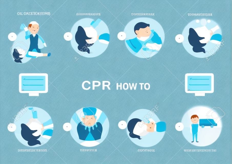 Cpr how to, demo on white background, vector illustration.