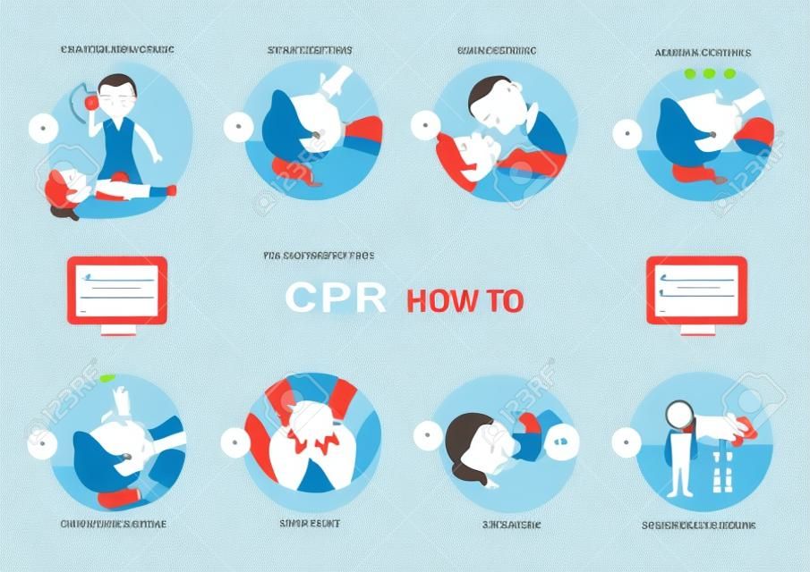 Cpr how to, demo on white background, vector illustration.