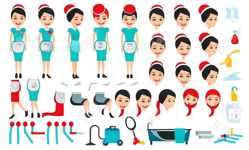 Housekeeping cartoon creation set.animated character. Icons with different types of faces and hair style, emotions, front, rear, side view of female person.Moving arms, legs. Easy to modify for works.