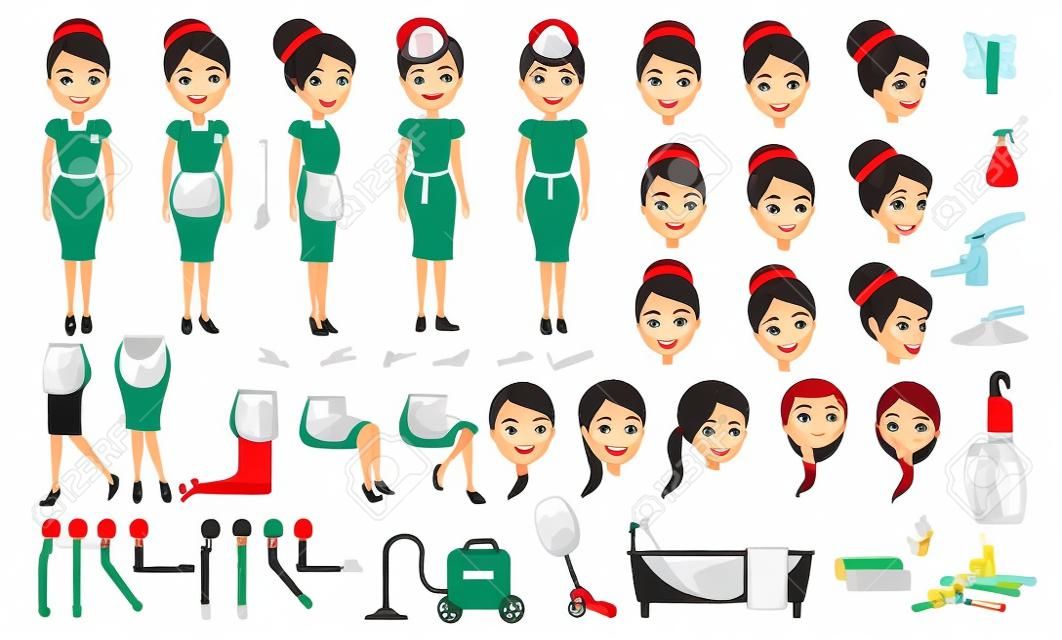 Housekeeping cartoon creation set.animated character. Icons with different types of faces and hair style, emotions, front, rear, side view of female person.Moving arms, legs. Easy to modify for works.