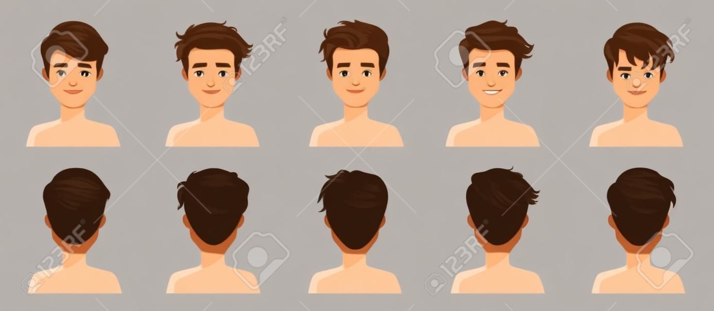Hair blown man set. Wide view The hair is blown away. Front, rear, left, right. handsome hairstyle brown short hair of male.  trendy haircut. vector icon set isolated on white background.