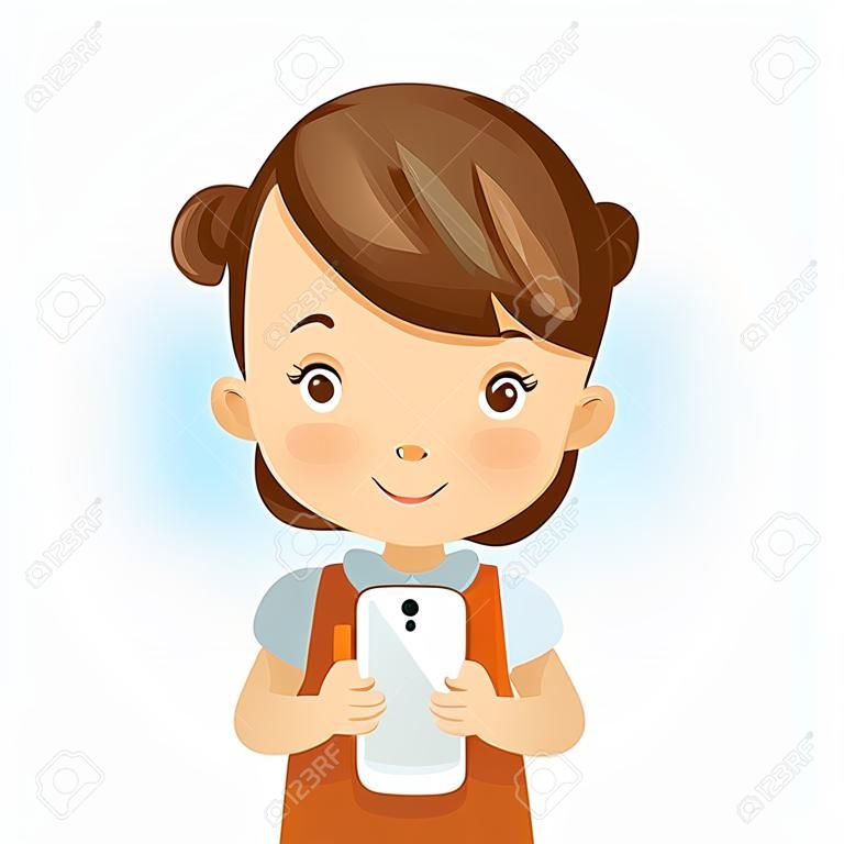 Little girl use cell phone. Cartoon character vector illustration isolated on white background.