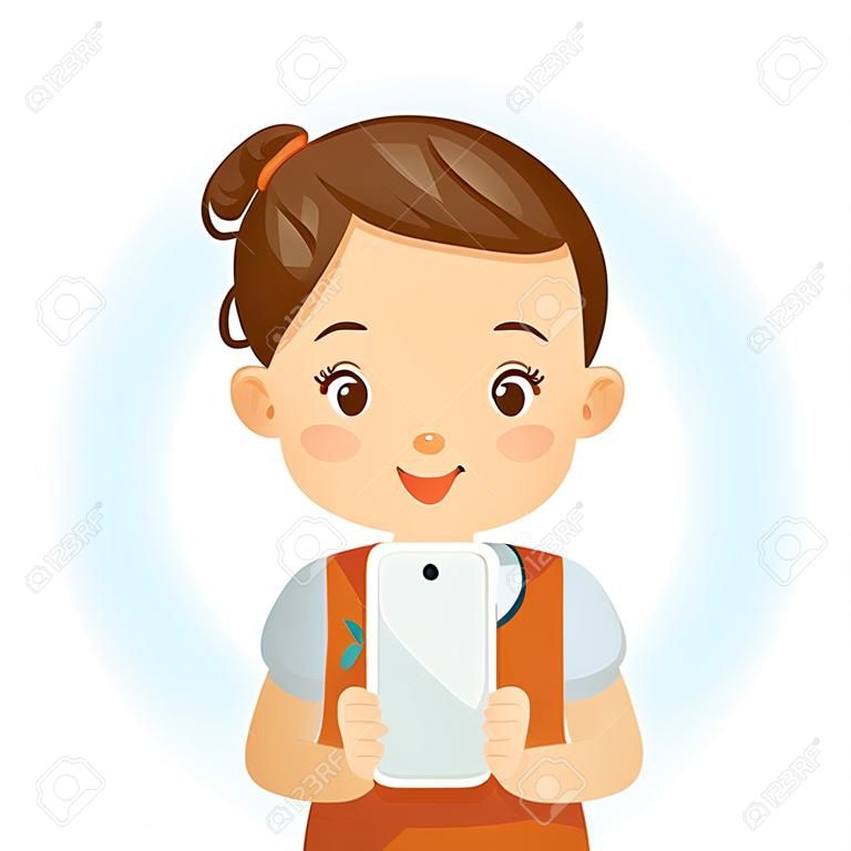 Little girl use cell phone. Cartoon character vector illustration isolated on white background.