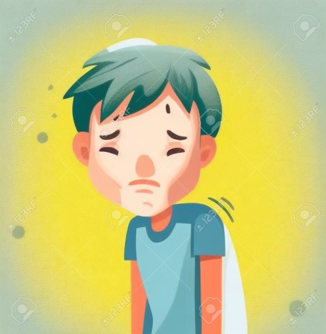 Weak little boy. Slim, fatigue, discomfort and fatigue. Sad boy.The face expresses regret. Child lament standing. Looking straight at you. Vector cartoons and illustrations isolated on white.