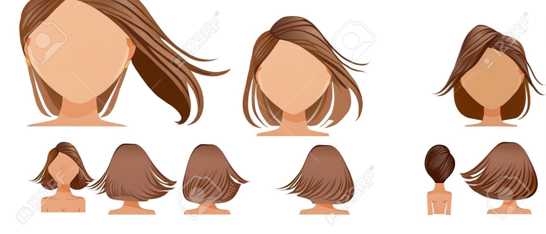 머리를 날린 여성 세트. 넓은 시야에서 머리카락이 날아갑니다. 앞, 뒤, 왼쪽, 오른쪽. 여성의 아름다운 헤어스타일 갈색 짧은 머리. 트렌디한 이발. 벡터 아이콘 세트 흰색 배경에 고립입니다.