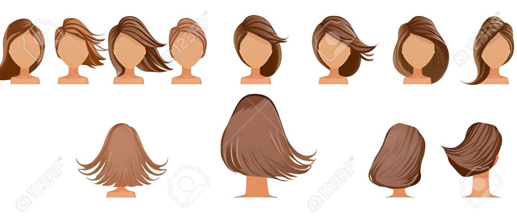 ヘアブロー女性セット。ワイドビュー髪が吹き飛ばされます。フロント、リア、左、右。女性の美しいヘアスタイルの茶色のショートヘア。トレンディなヘアカット。白い背景で隔離のベクトルアイコンセット。
