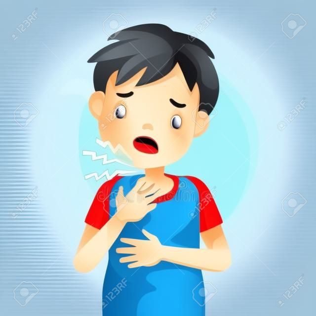 Sore throat or pain. The boy is sick, Sick person and feeling bad. Cartoons showing negative gestures and feelings. The child is a patient. Cartoon vector illustration.